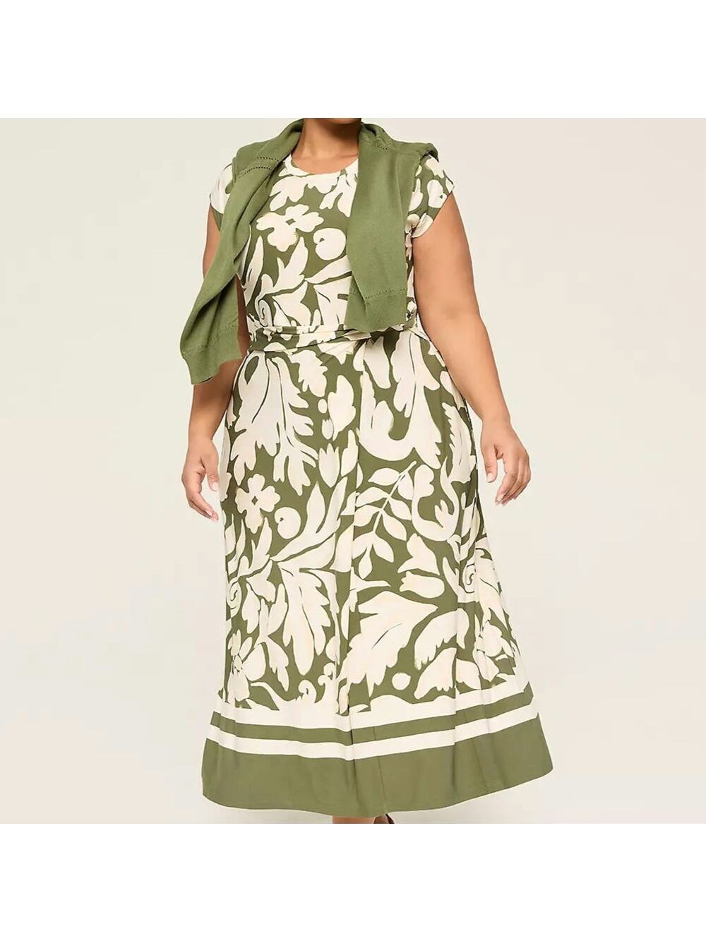 Green & White Floral Midi dress Lane Bryant Grown Shoulder Crewneck Front Twist
